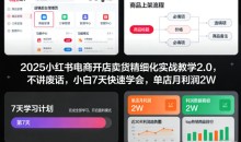 2025小红书电商开店卖货精细化实战教学2.0,不讲废话,小白7天快速学会,单店月利润2W
