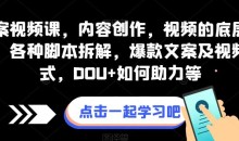 全案视频课,内容创作,视频的底层逻辑,各种脚本拆解,爆款文案及视频形式,DOU+如何助力等