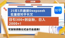25年5月最新Deepseek批量做知乎长文,日引300+创业粉,可复制调教公式全行业适用