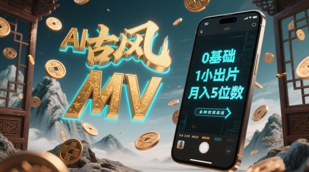 AI一键生成古风音乐MV，0剪辑基础1小时出片，多种变现渠道，一部手机月入5位数