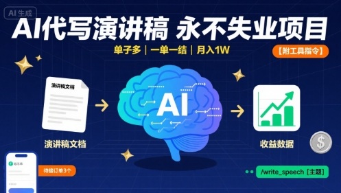 AI代写演讲稿，永不失业项目，单子多一单一结【附工具指令】