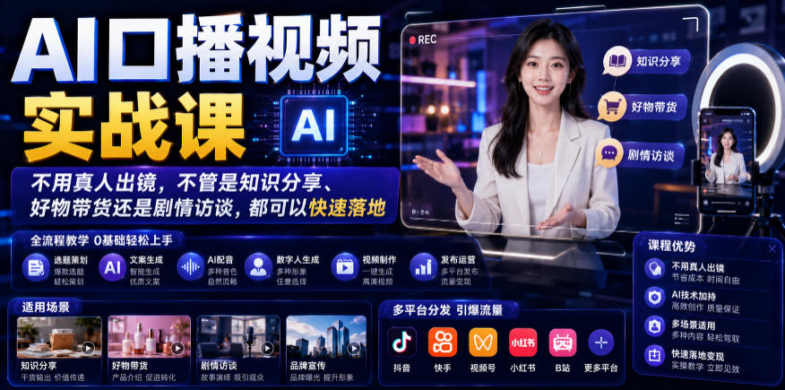 AI口播视频实战课,不用真人出镜,知识分享、好物带货剧情访谈