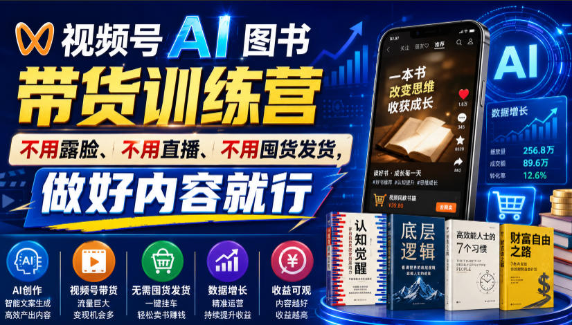 繁花视频号AI图书带货训练营,不用露脸、不用直播、不用囤货发货,做好内容就行,一条爆款视频佣金8942
