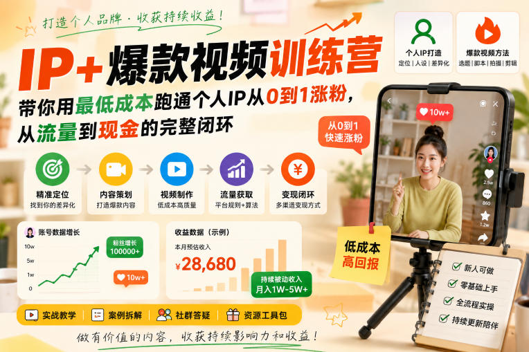 AI+IP爆款视频训练营,带你用最低成本跑通个人IP从0到1涨粉,从流量到现金的完整闭环(更新)
