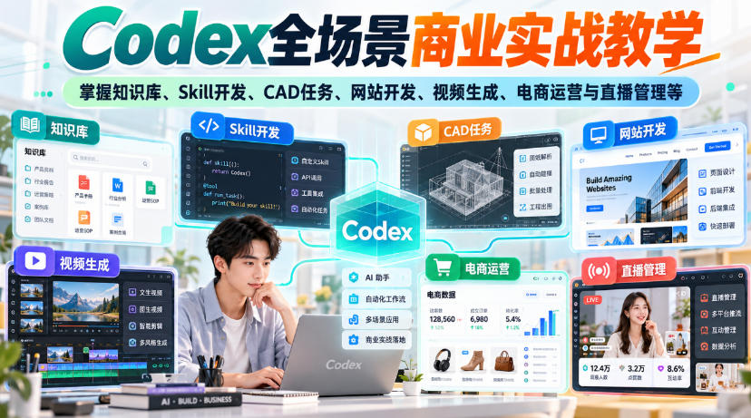 Codex全场景商业实战教学,掌握知识库、Skill开发、CAD任务、网站开发、视频生成、电商运营与直播管理等