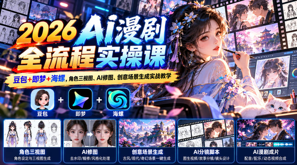 2026AI漫剧全流程实操课豆包+即梦+海螺，角色三视图、AI修图、创意场景生成实战教学