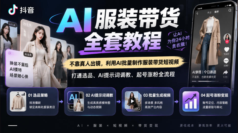 抖音AI服装带货，不靠真人出镜，利用AI批量制作服装带货短视频，打通选品、AI提示词调教、起号涨粉全流程